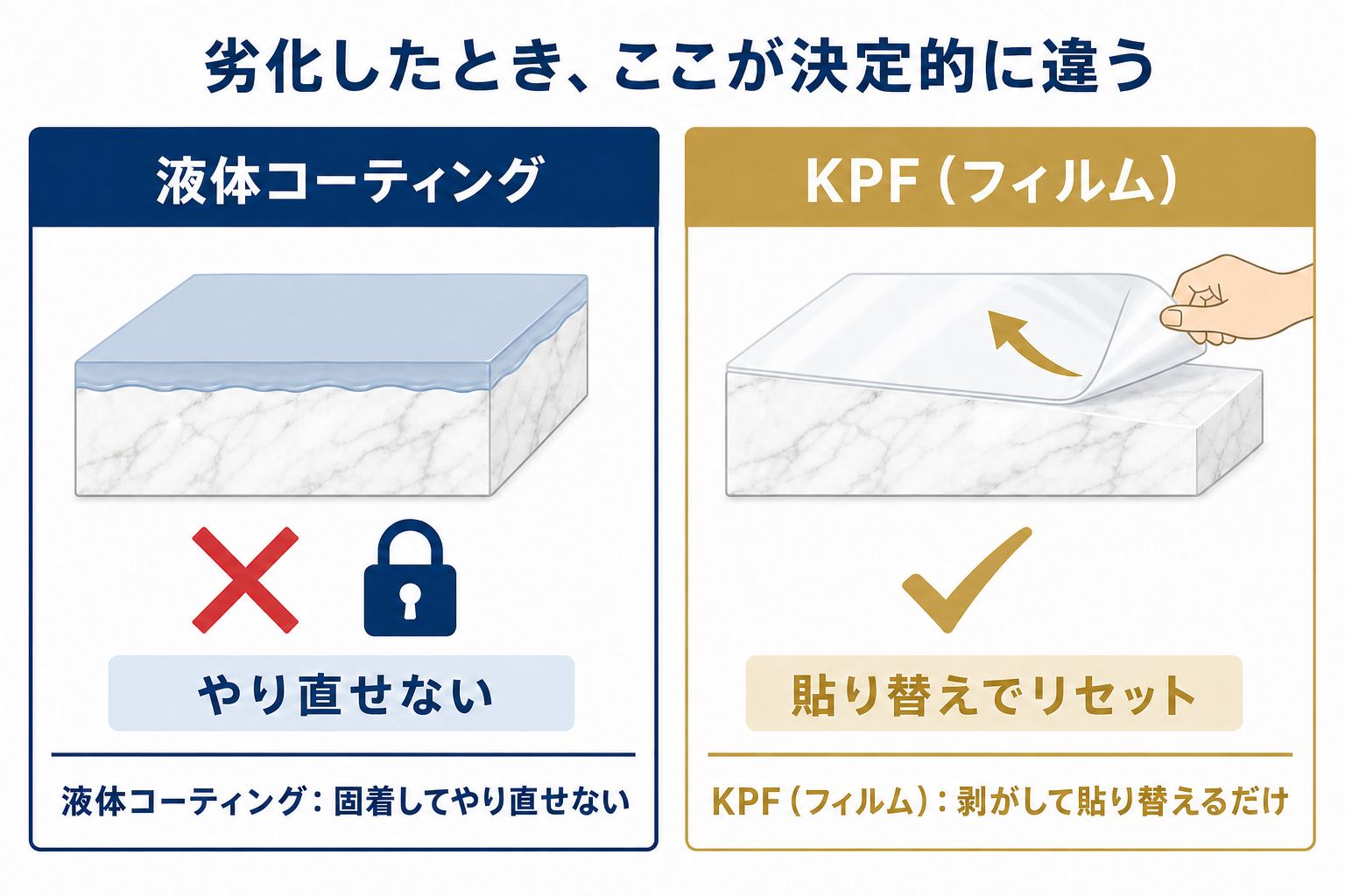 液体コーティングとKPFフィルムの違い:劣化したときやり直せるかどうか