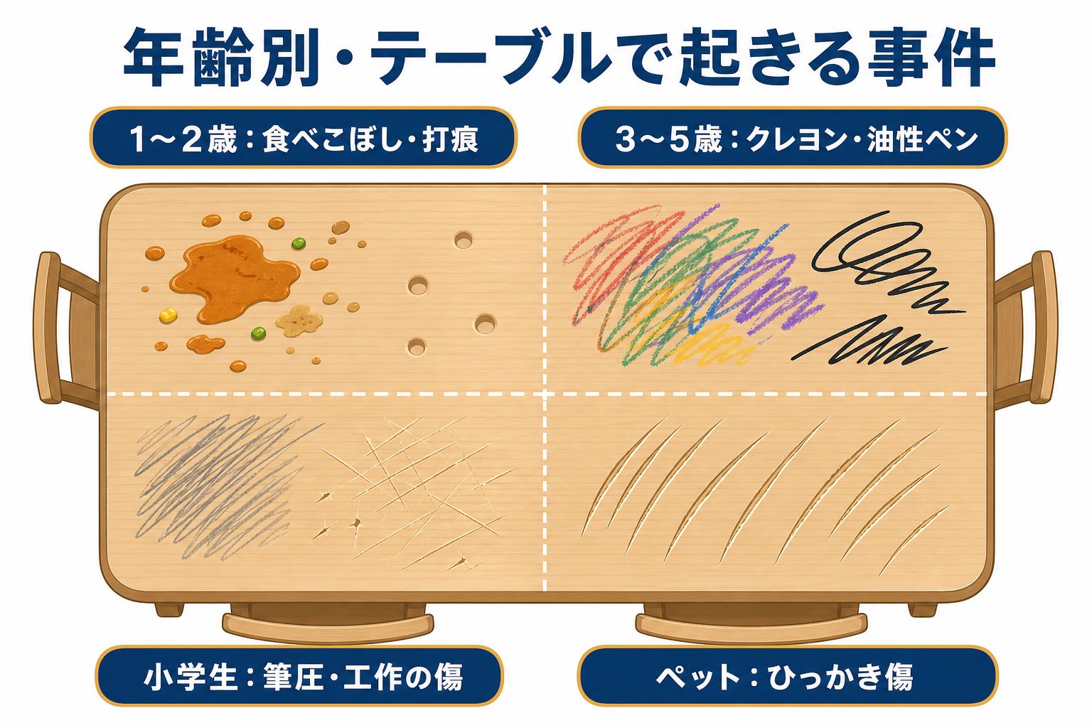 年齢別・テーブルで起きる事件マップ(食べこぼし・クレヨン・筆圧・ペットのひっかき傷)