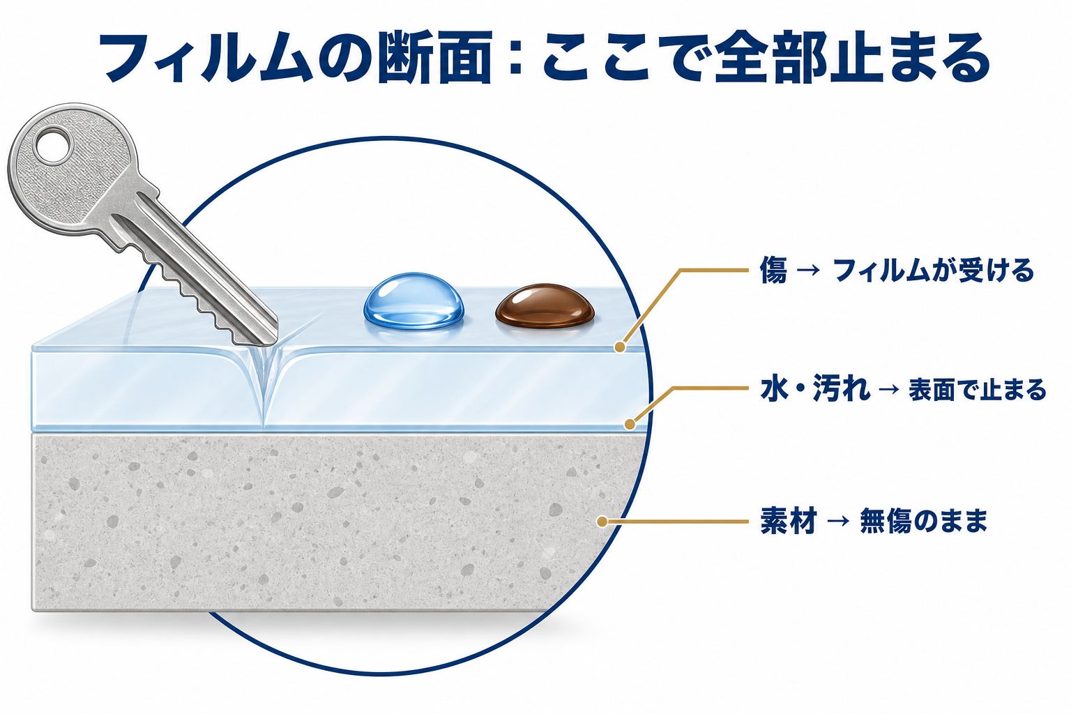 フィルムの断面図:傷はフィルムが受け、水・汚れは表面で止まり、素材は無傷