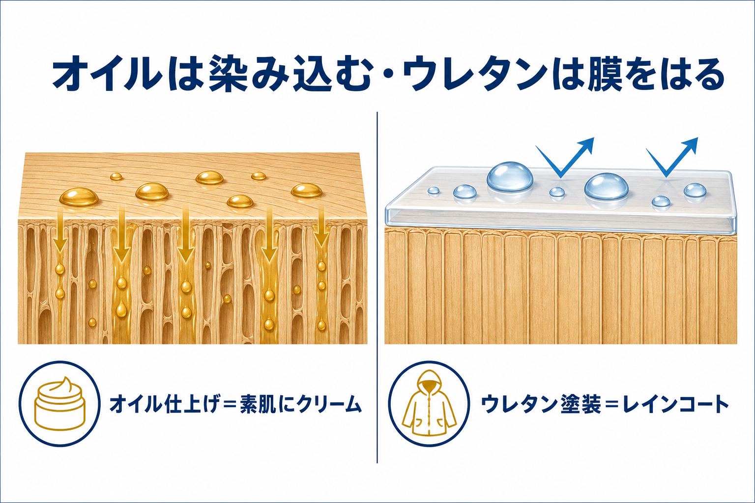 オイル仕上げとウレタン塗装の断面比較図