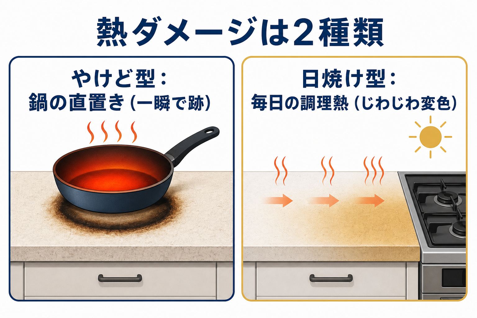 熱ダメージは2種類:やけど型(鍋の直置き)と日焼け型(毎日の調理熱)