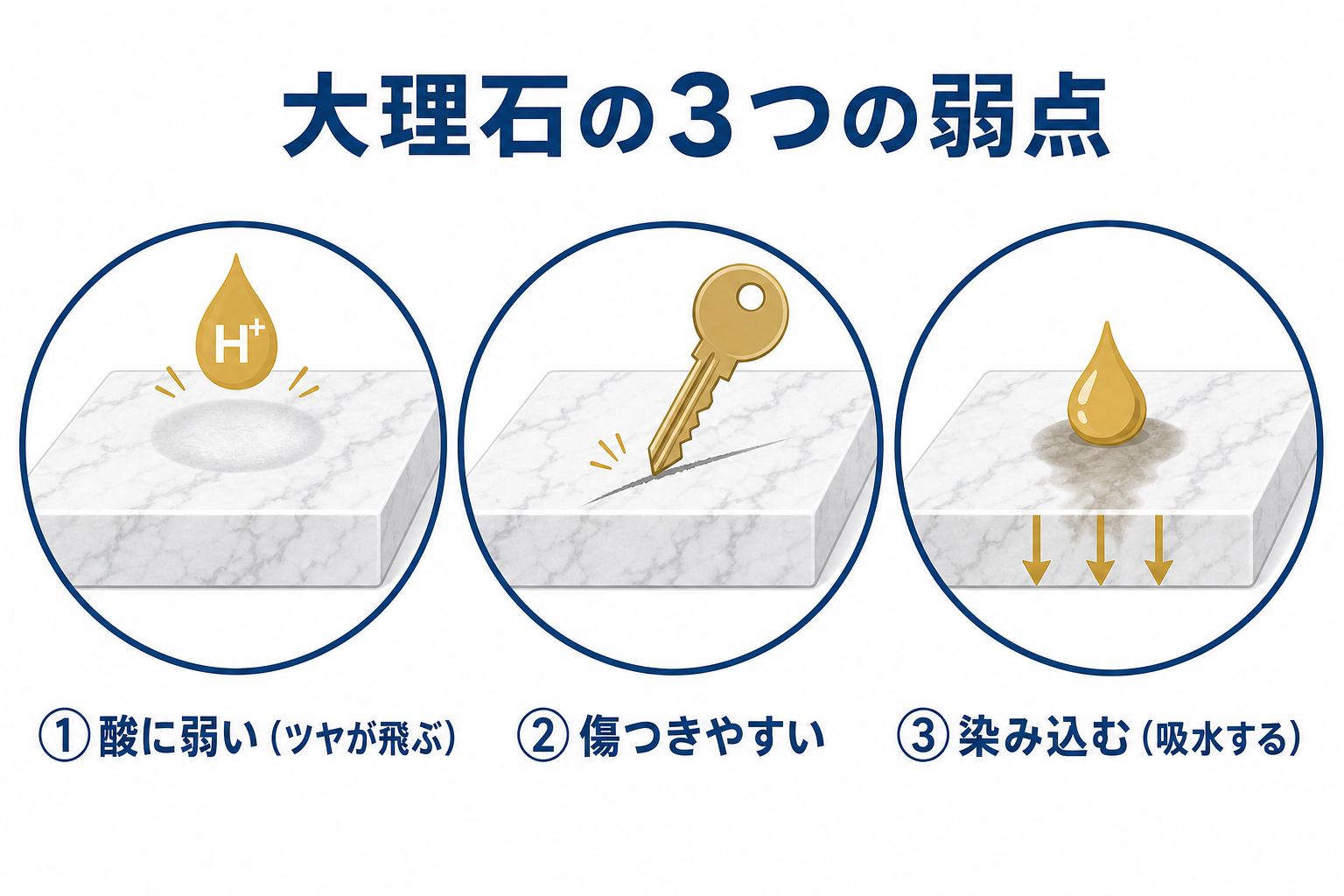 大理石の3つの弱点：酸に弱い・傷つきやすい・染み込む