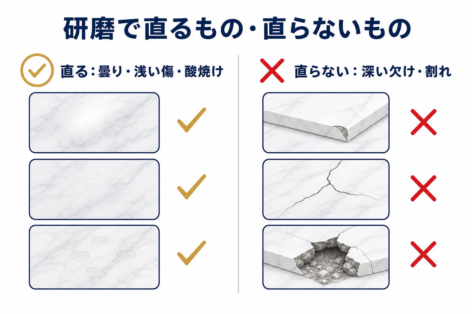研磨で直るもの（曇り・浅い傷・酸焼け）と直らないもの（深い欠け・割れ）