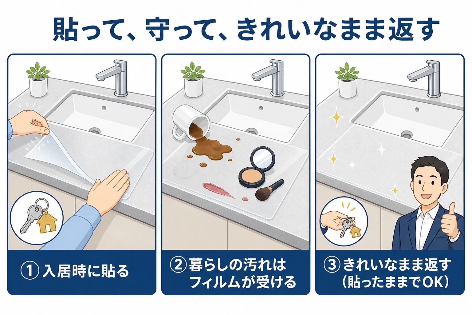 賃貸の保護フィルム3ステップ:入居時に貼る、暮らしの汚れはフィルムが受ける、きれいなまま返す(貼ったままでOK)