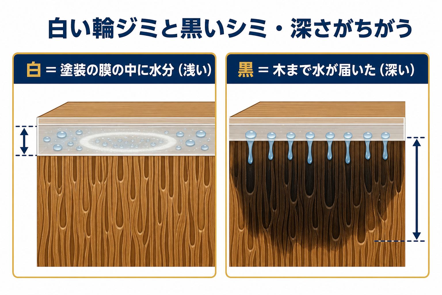 白い輪ジミと黒いシミの断面図：白は塗装の膜の中、黒は木まで水が届いた状態