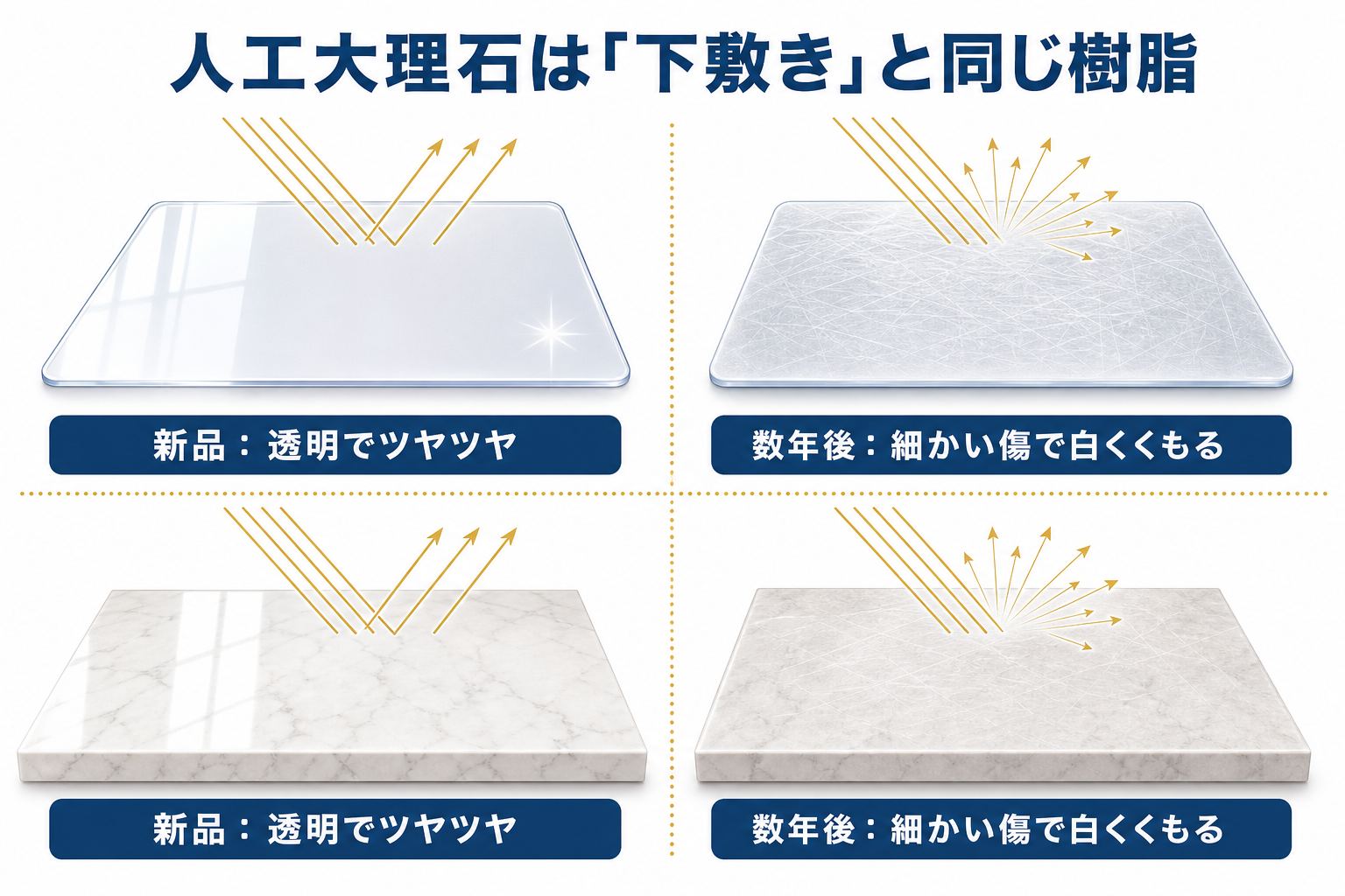 人工大理石は下敷きと同じ樹脂：新品は透明でツヤツヤ、数年後は細かい傷で白くくもる