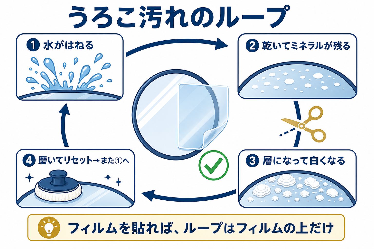うろこ汚れのループ:水がはねる→乾いてミネラルが残る→層になって白くなる→磨いてリセット→また最初へ。フィルムを貼ればループはフィルムの上だけ