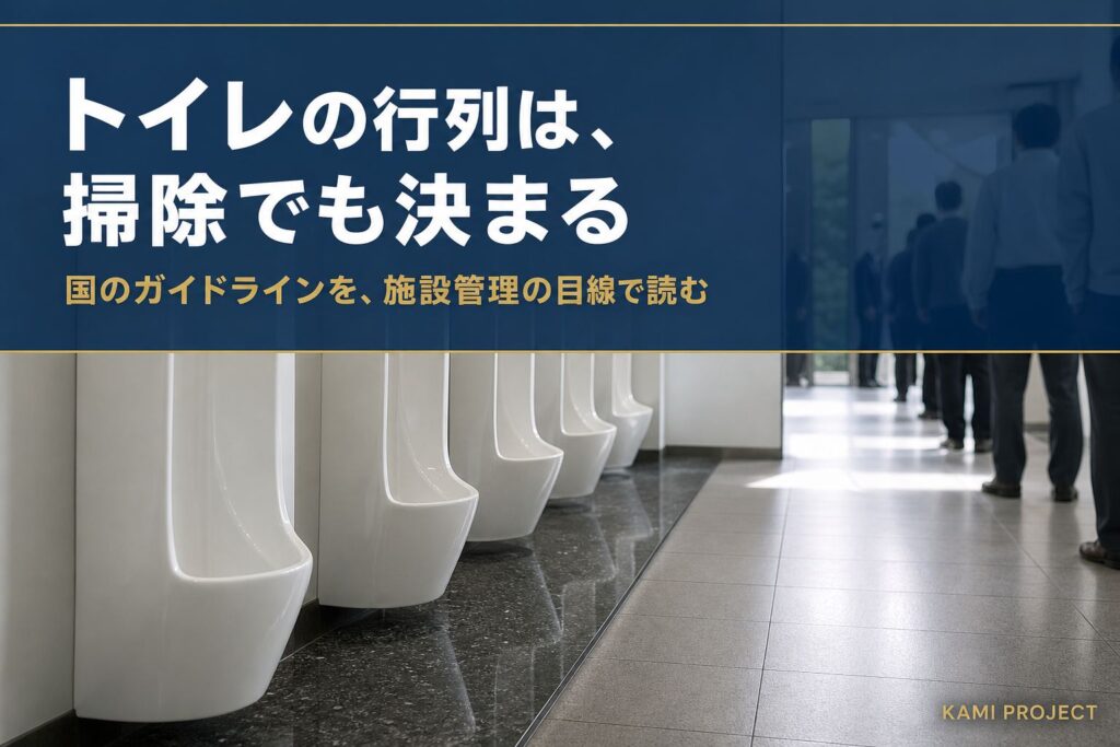 商業施設の男子トイレ。小便器の下に黒い御影石の汚垂石が敷かれ、奥に利用者の行列が見える。見出しは「トイレの行列は、掃除でも決まる」