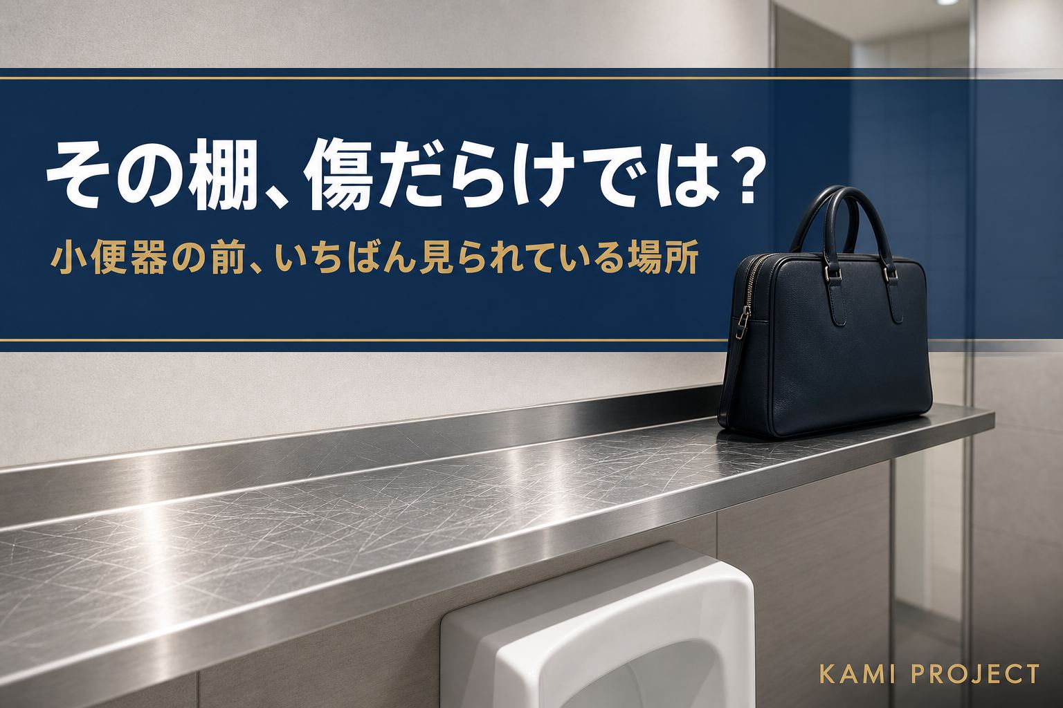 商業施設の男子トイレ。小便器の前、目線の高さにあるステンレスの荷物置き棚に細かいすり傷が光って見え、ビジネスバッグが置かれている
