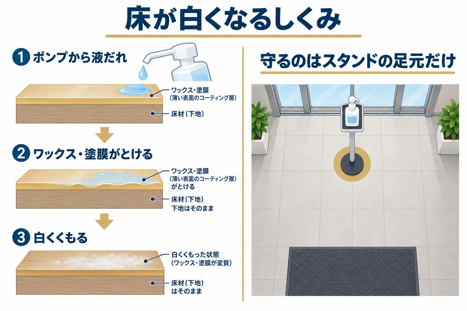 床が白くなるしくみ：①ポンプから液だれ ②ワックス・塗膜がとける ③白くくもる。守るのはスタンドの足元だけ
