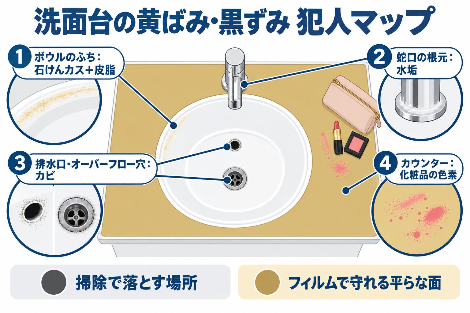 洗面台の黄ばみ・黒ずみ犯人マップ:①ボウルのふちの石けんカス+皮脂 ②蛇口の根元の水垢 ③排水口・オーバーフロー穴のカビ ④カウンターの化粧品の色素