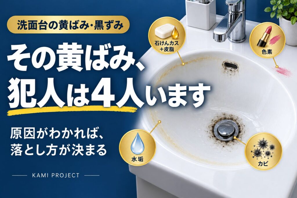 洗面台の黄ばみ・黒ずみの原因と、素材に合う清掃方法を確認するイメージ