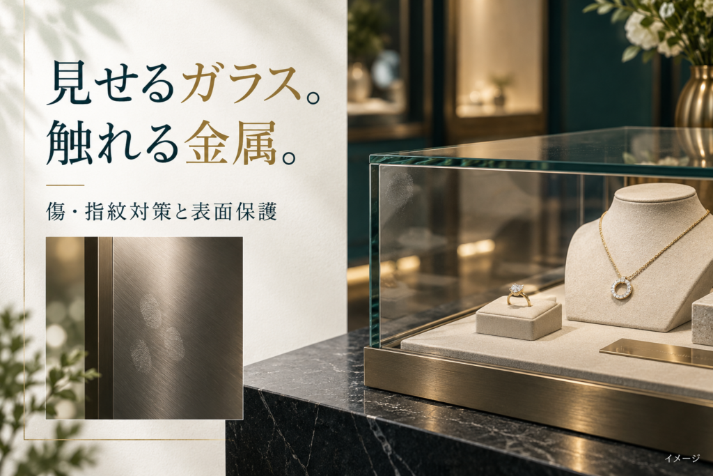 ガラスショーケースと触れる金属面の保護を考えるイメージ