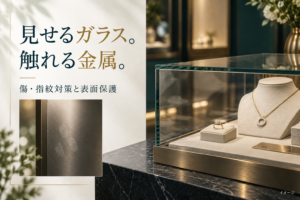 ガラスショーケースと触れる金属面の保護を考えるイメージ