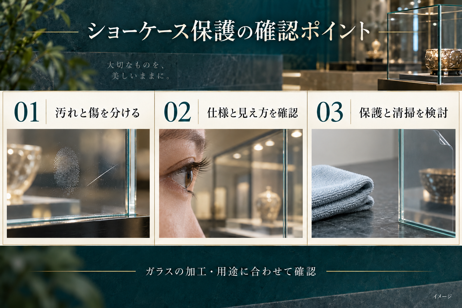 極薄の透明フィルムでガラス面全体を保護し、仕様と清掃を確認する図解