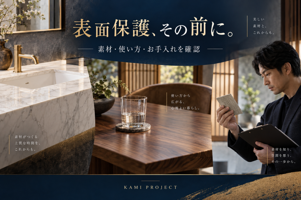 表面保護の施工前に、素材・使い方・お手入れを確認するイメージ